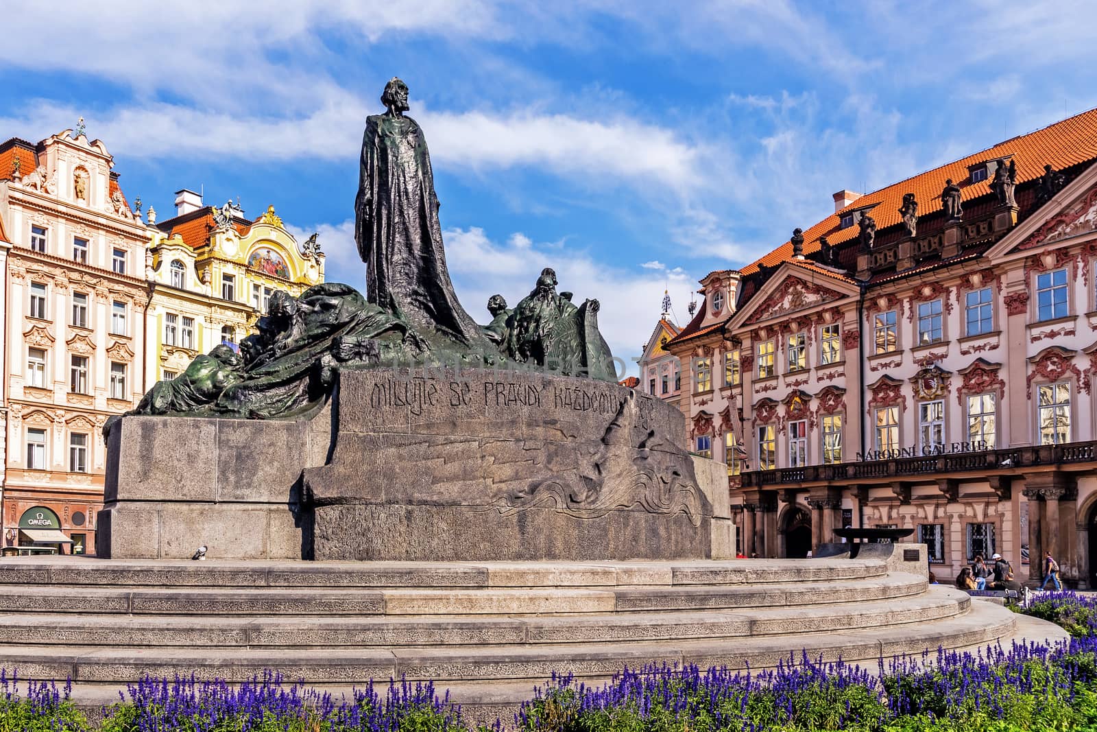 The Jan Hus Memorial in the Old Town Square in Prague, designed by Ladislav Saloun, unveiled in 1915 to commemorate the 500th anniversary of Jan Hus' martyrdom at the stake in 1415.