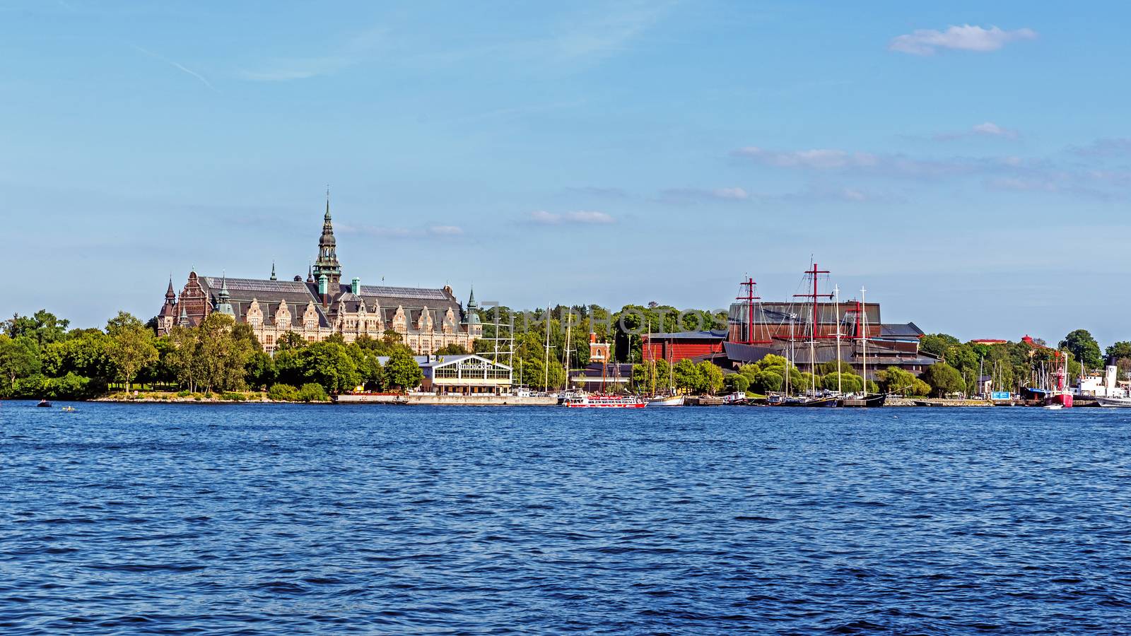 The Nordic and Vasa Museums on Djurgarden Island in Stockholm. The Island is home to historical buildings, monuments, galleries, the amusement park Grona Lund and the open-air Skansen.
