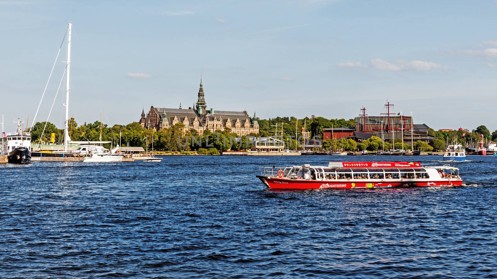 The Nordic and Vasa Museums on Djurgarden Island in Stockholm. The Island is home to historical buildings, monuments, galleries, the amusement park Grona Lund and the open-air Skansen.