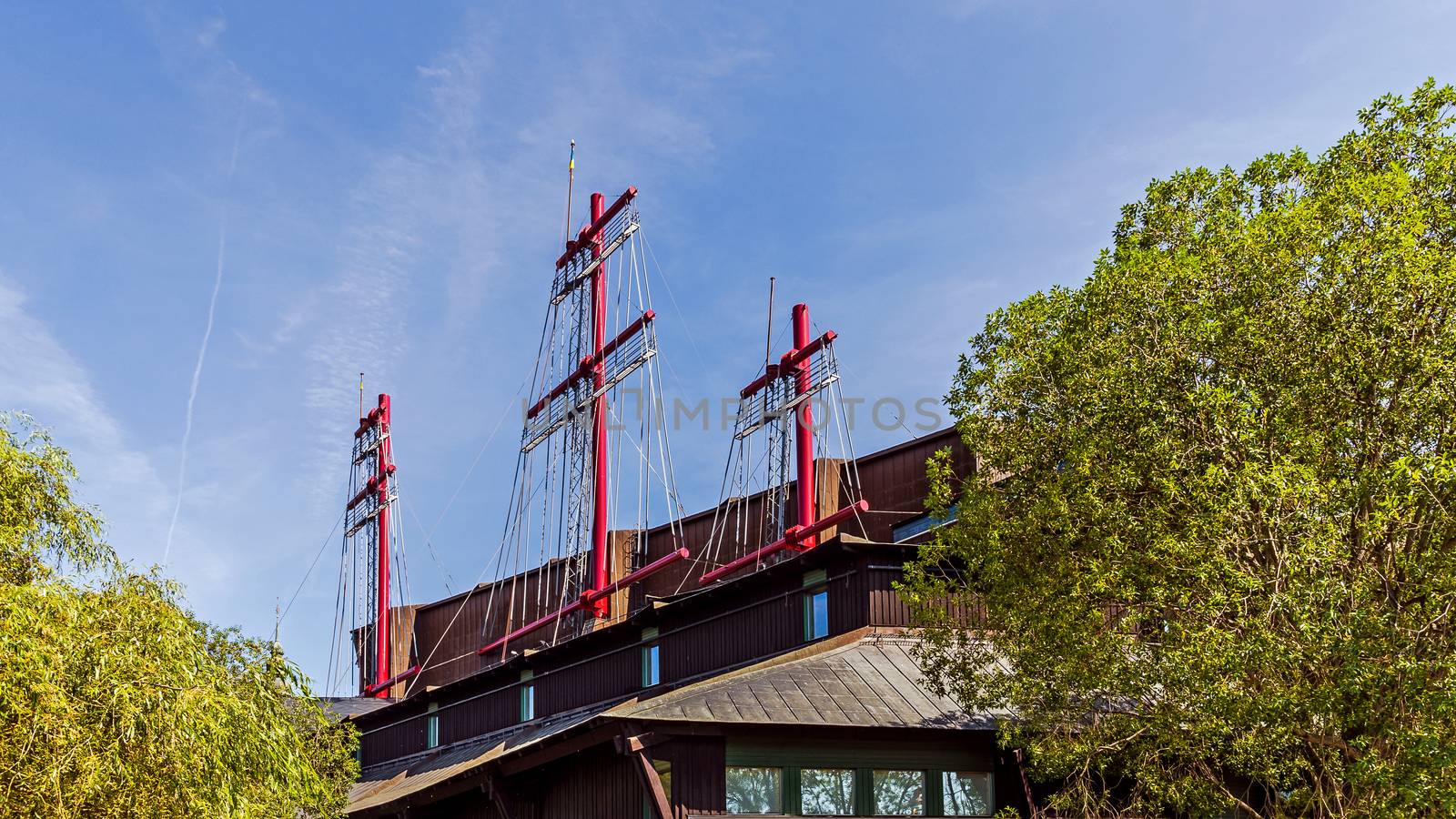 The Vasa Museum founded in 1998 to display the salvaged warship Vasa that sank in 1628. Stylized masts represent the actual height of Vasa when she was fully rigged.