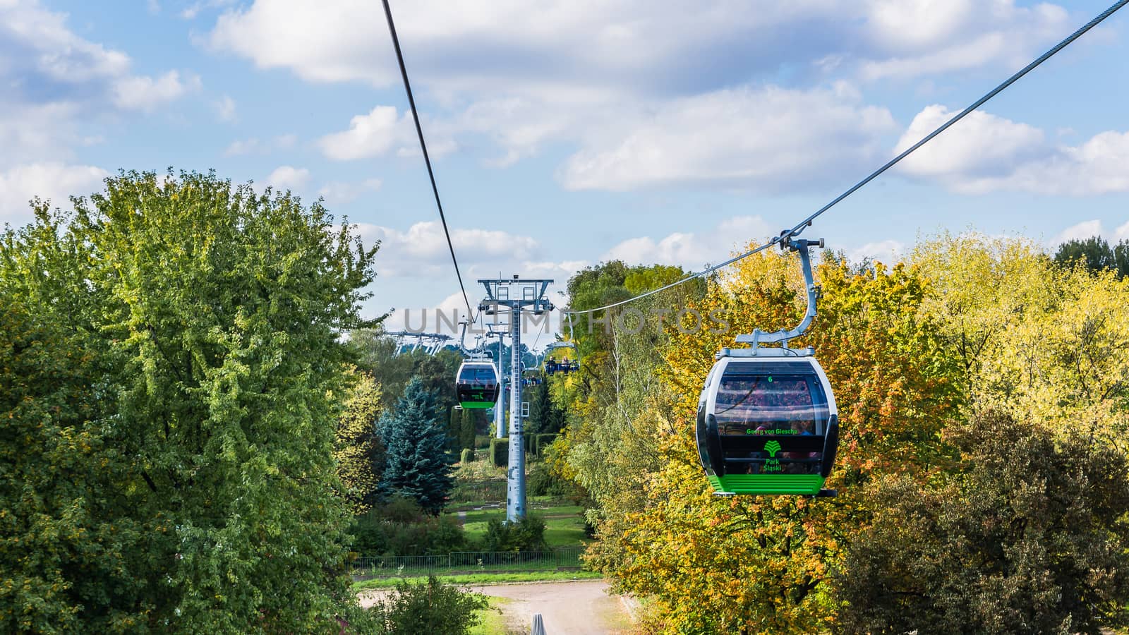 The ropeway in Silesia Park in Chorzow. Silesia Park is the largest greenery area in the Silesian agglomeration, the most industrialized region in Poland.