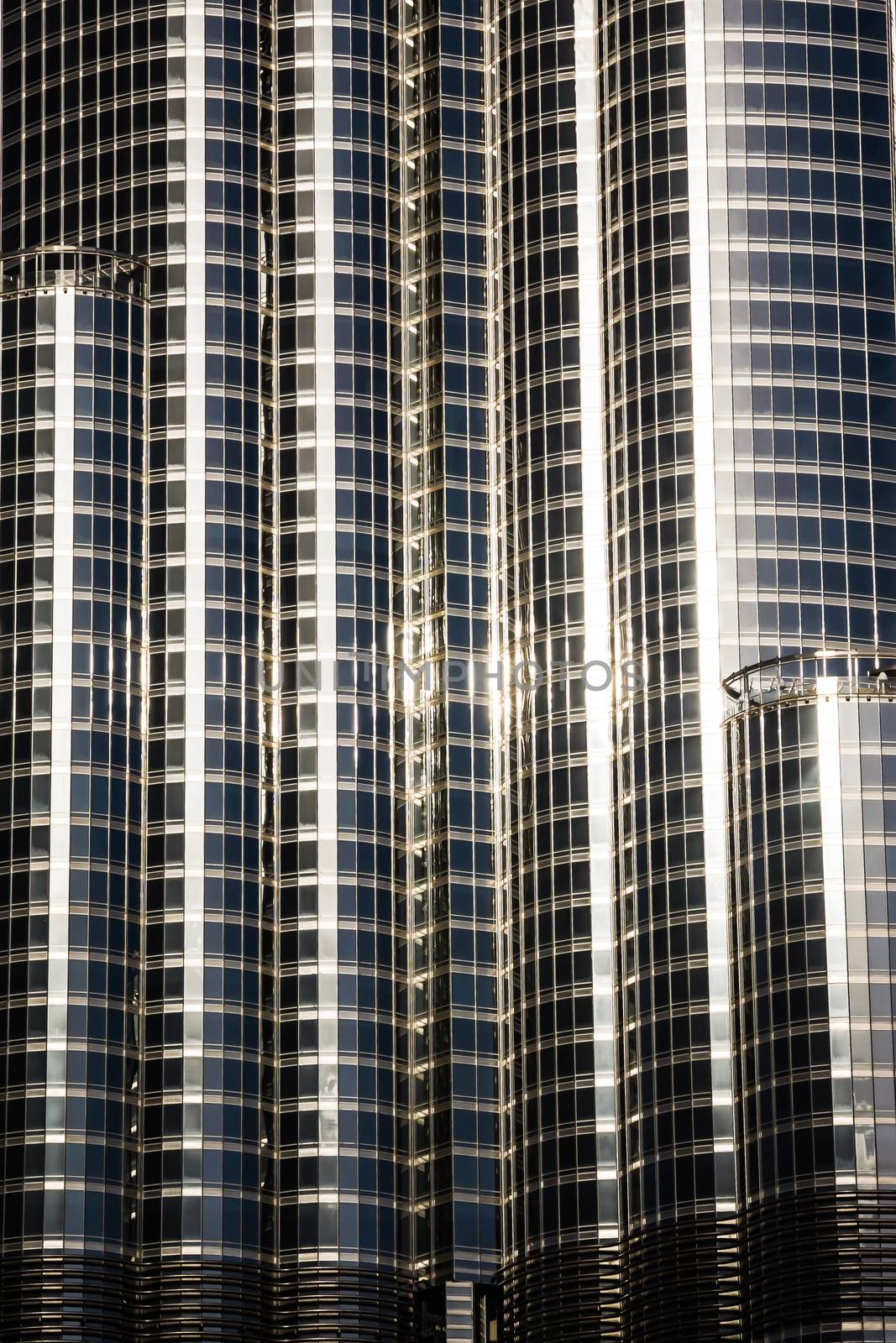 Closeup of Burj Khalifa, main landmark of Dubai, on February 03, 2013. The tallest man-made structure in the world, at 829.8 m, designed by Skidmore, Owings and Merrill firm.