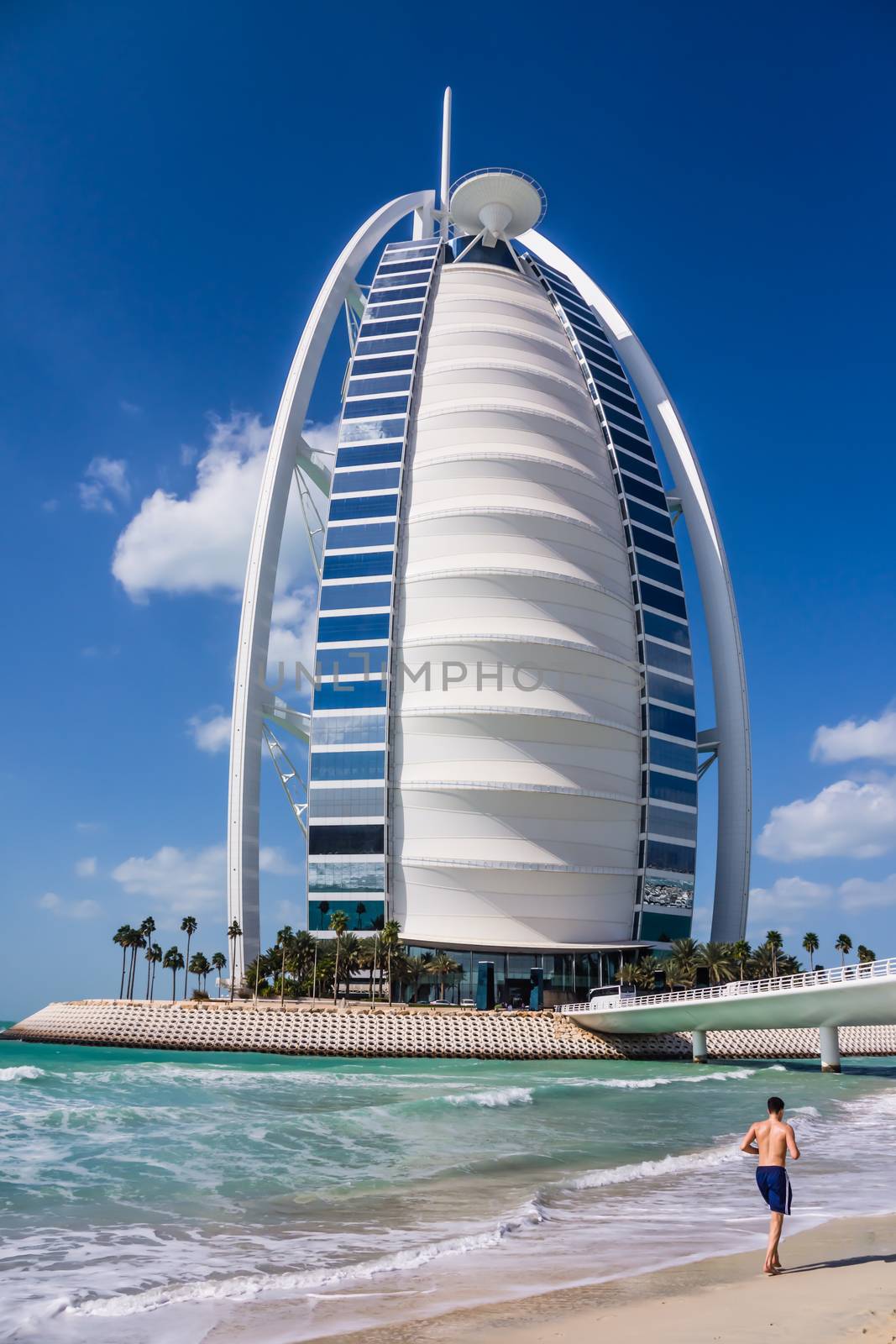 Burj Al Arab in Dubai, considered the world's most luxurious hotel, on February 03, 2013.  Also called "the only seven-star hotel", one of the most recognizable landmarks of Dubai.