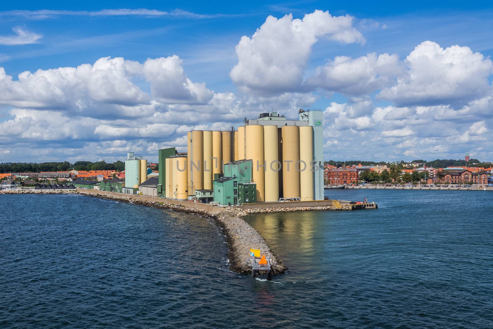 Exit of the Port of Ystad and city skyline in the background. The ferry port provides services to Swinoujscie in Poland forming a part of the E65 trans-European route.