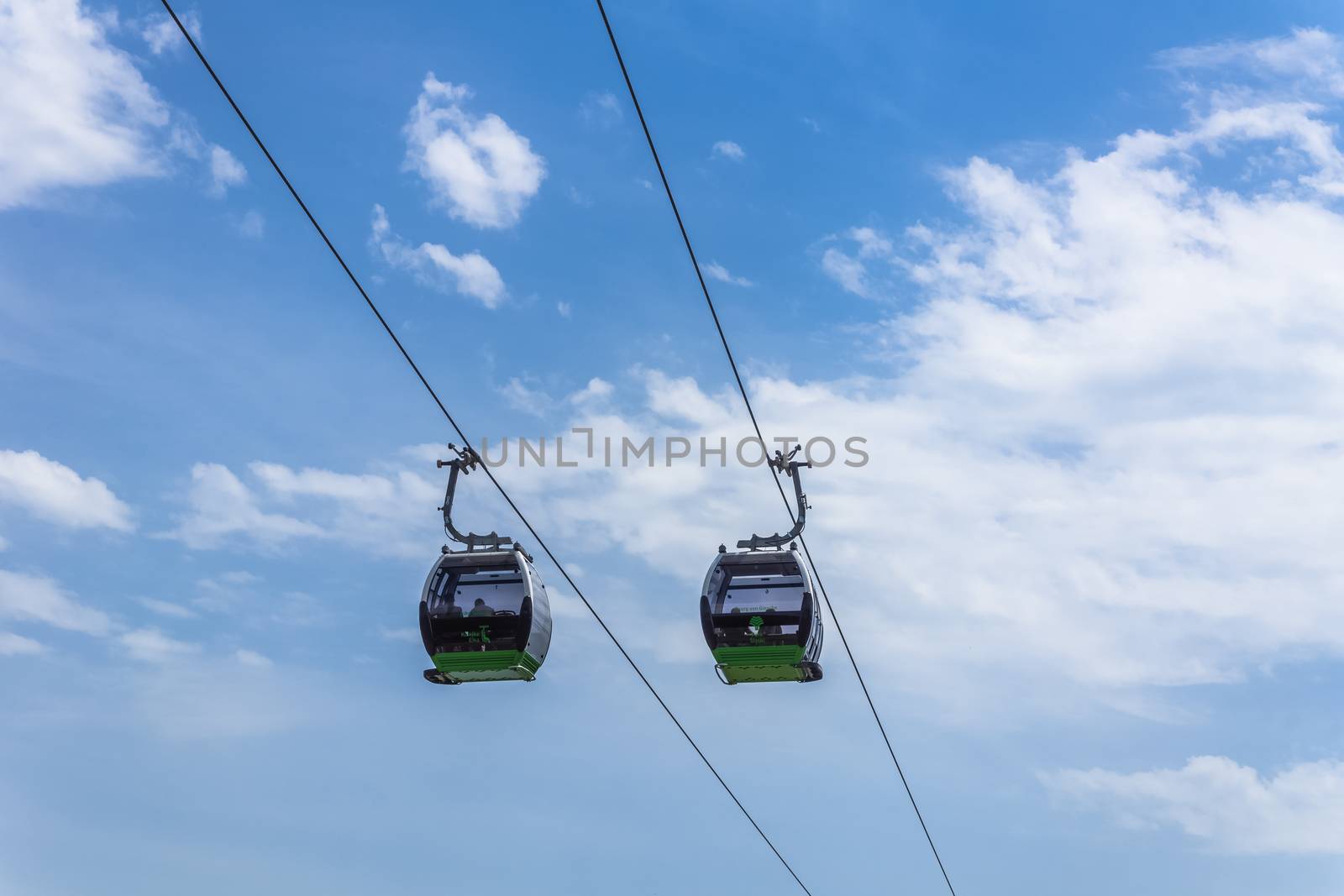 The ropeway in Silesia Park in Chorzow, the largest in the Silesian agglomeration, the most industrialized region in Poland. Gondolas are named after well-known local people.