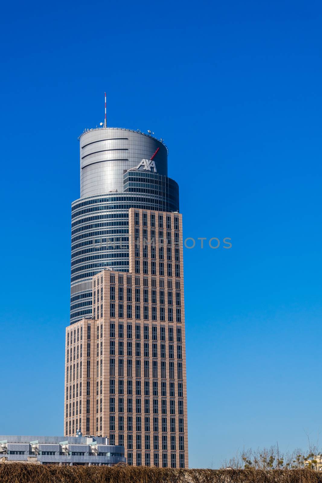 Warsaw Trade Tower built by Daewoo concern in 1999 at 208 m high with 43 floors above the ground. One of the three buildings in town with a height exceeding 200 meters.