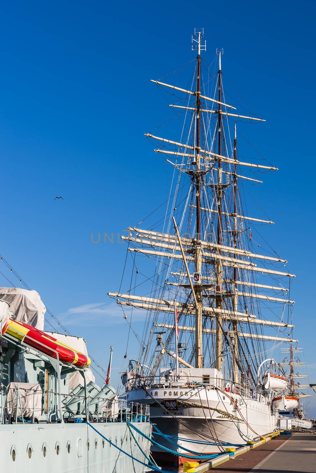 The Dar Pomorza (Gift of the Pomerania) sailing frigate. Built in 1909, served as a training vessel for the Polish Naval Academy, preserved as a museum ship in Gdynia.