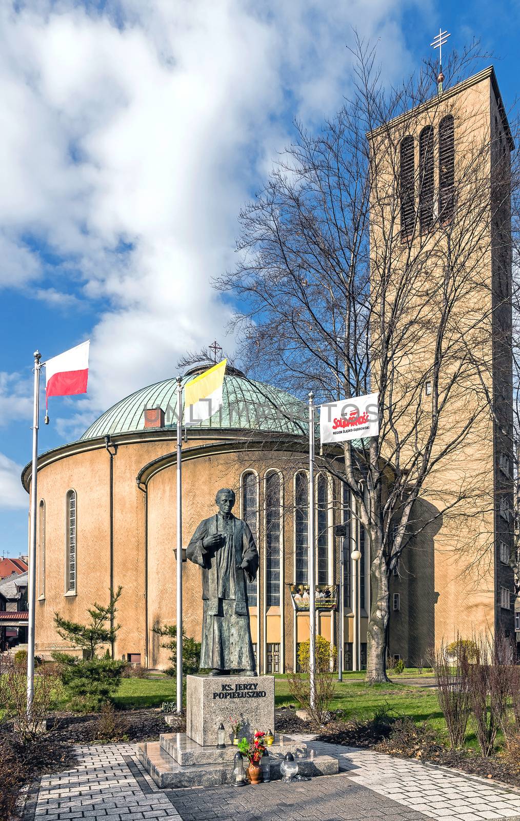 Monument to Father Jerzy Popieluszko, opposition activist, assassinated by communist secret service in 1984, in front of the Church of the Exaltation of the Holy Cross in Bytom.