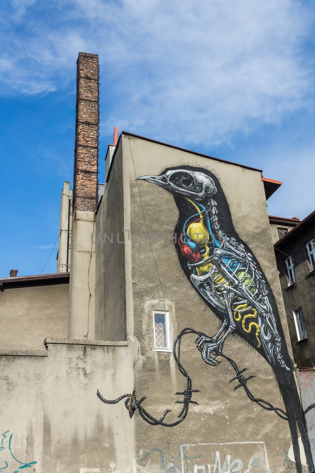 Mural by unidentified artist on November 10, 2013 in  Katowice. The city is a place of annual Katowice Street Art Festival is full of  interesting street-art pieces of art.