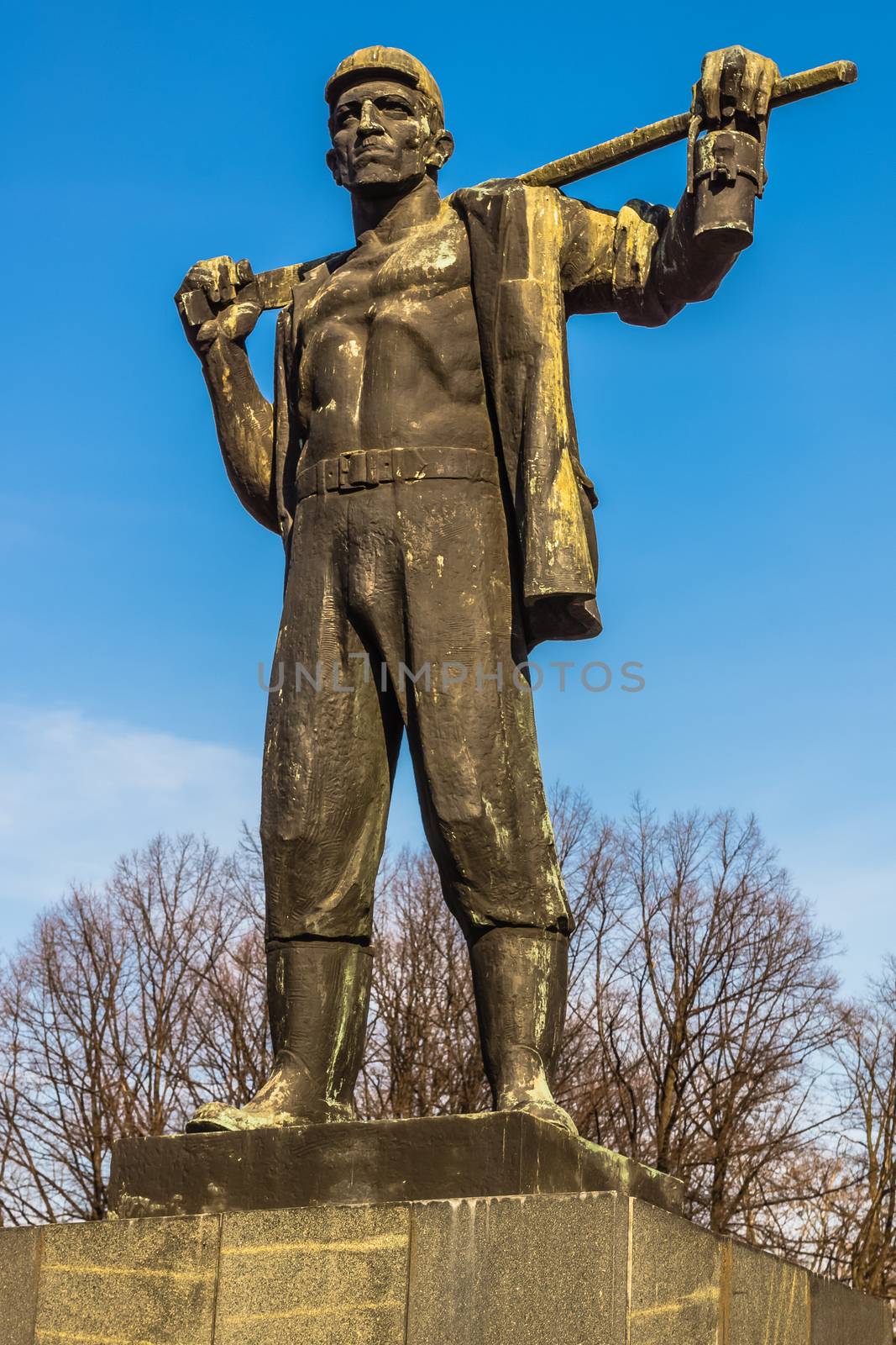 Monument to Wincenty Pstrowski (1904-1948), miner, member of communist party, leader of “socialist work competition” based on his call  "Who will give more than I do?" Taken in Zabrze.