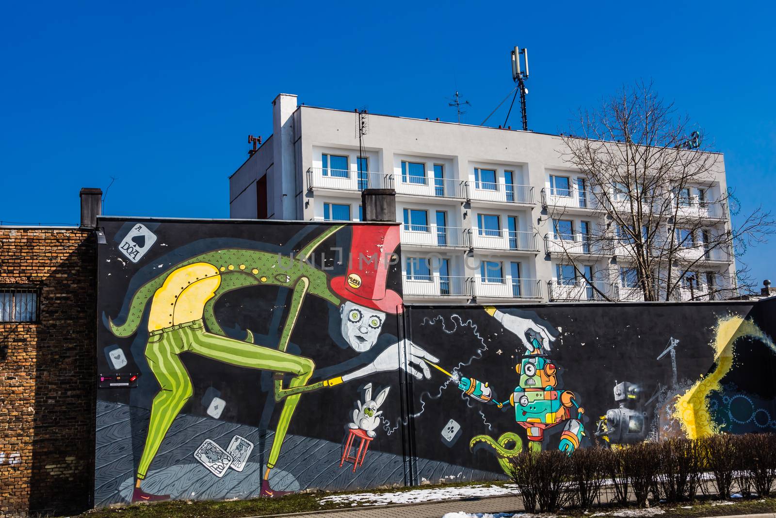 Mural by unidentified artist on April 08, 2013 in  Katowice. The city is the place of  annual Katowice Street Art Festival and is full of numerous interesting street-art pieces of art.