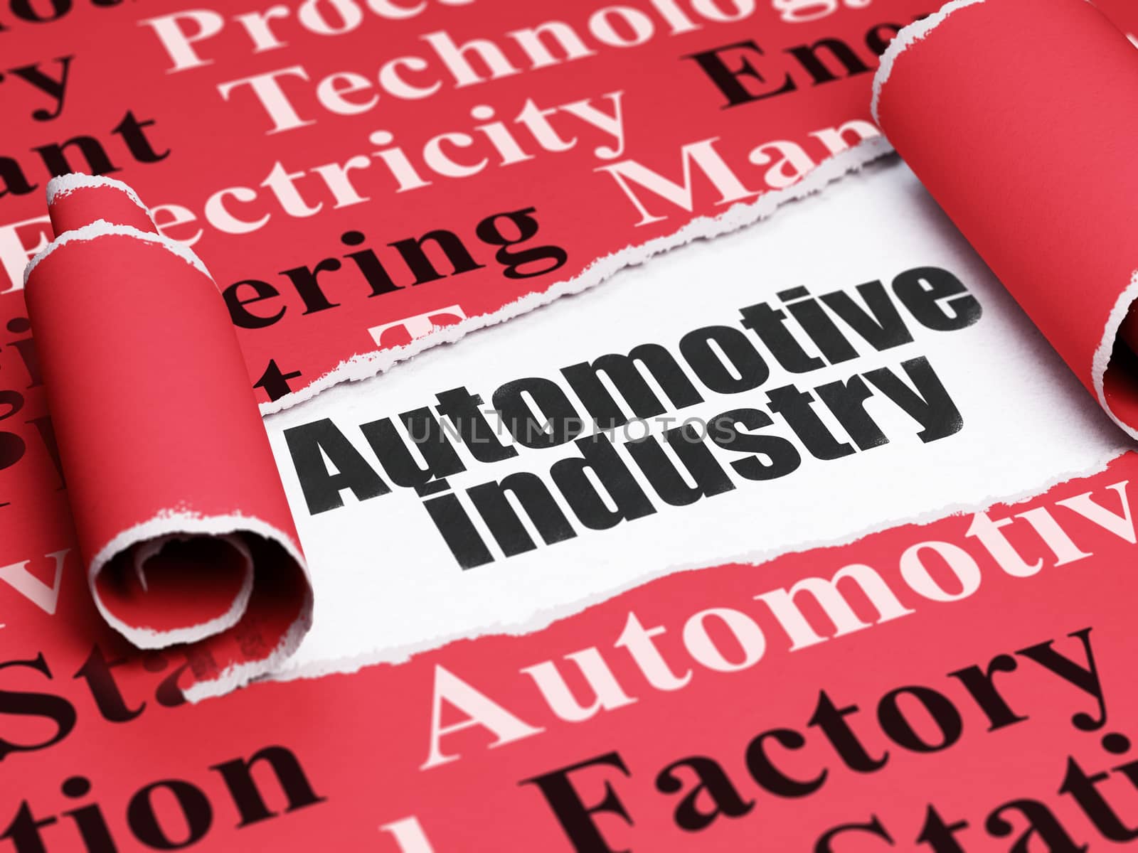 Manufacuring concept: black text Automotive Industry under the curled piece of Red torn paper with  Tag Cloud