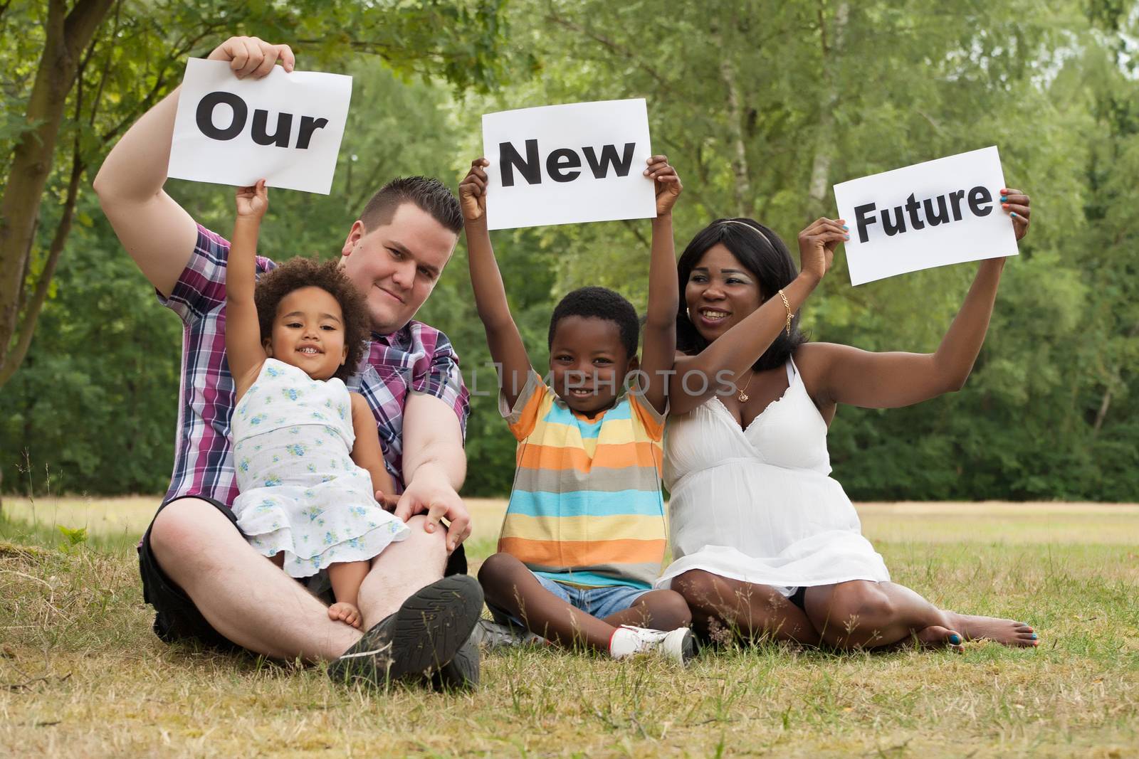 African multicultural family is holding white boards 