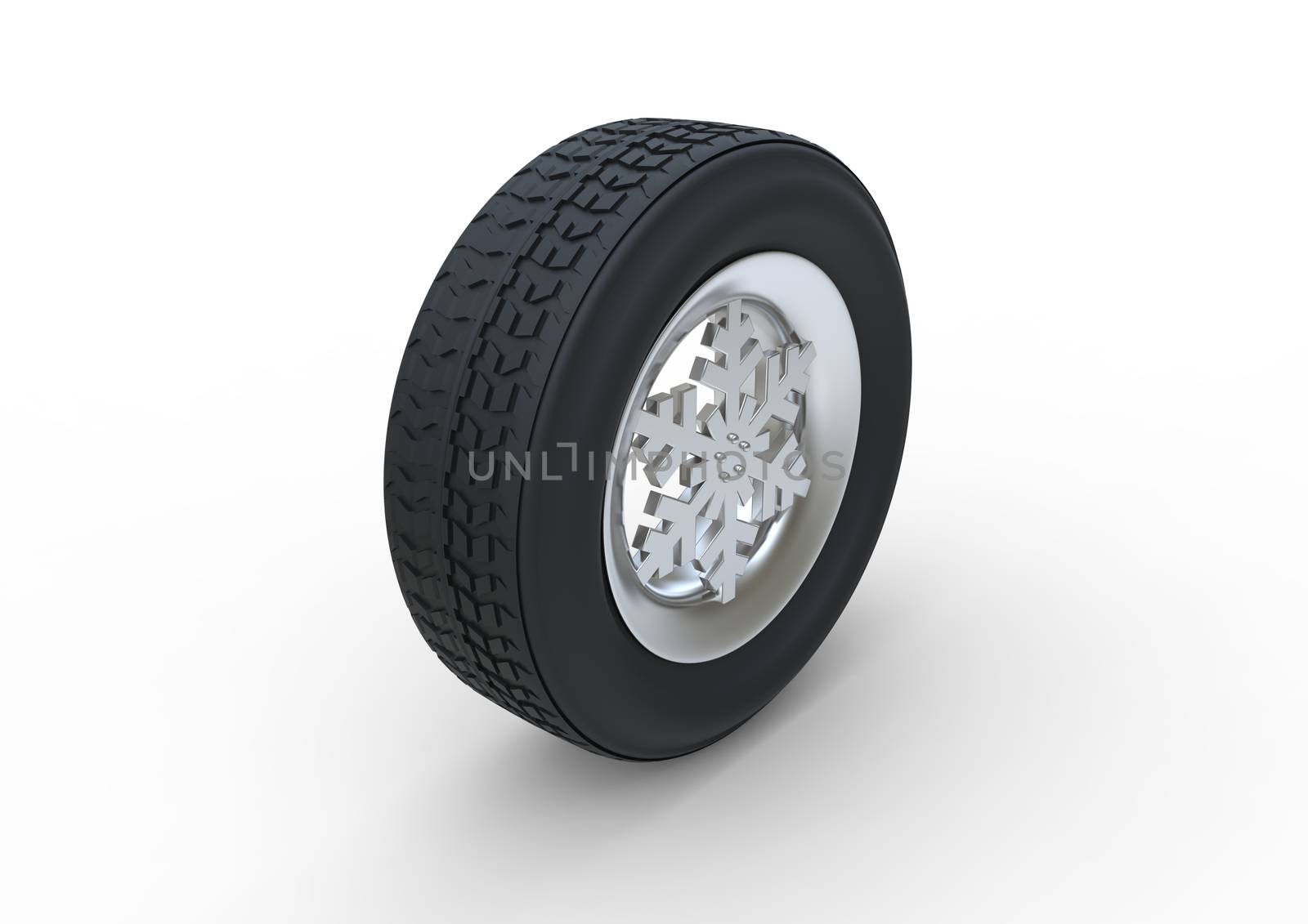 Set of winter tires with the rim of snowflake shape isolated on white background 3d illustration