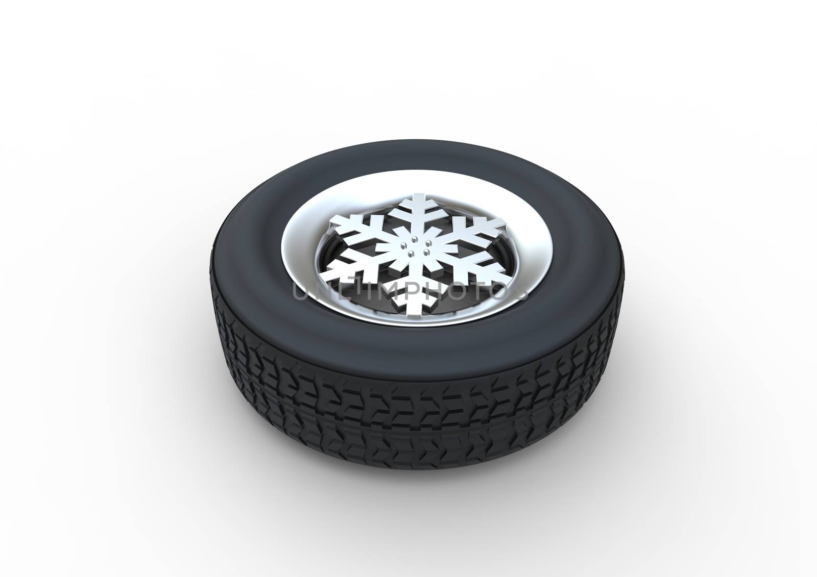 Set of winter tires with the rim of snowflake shape isolated on white background 3d illustration