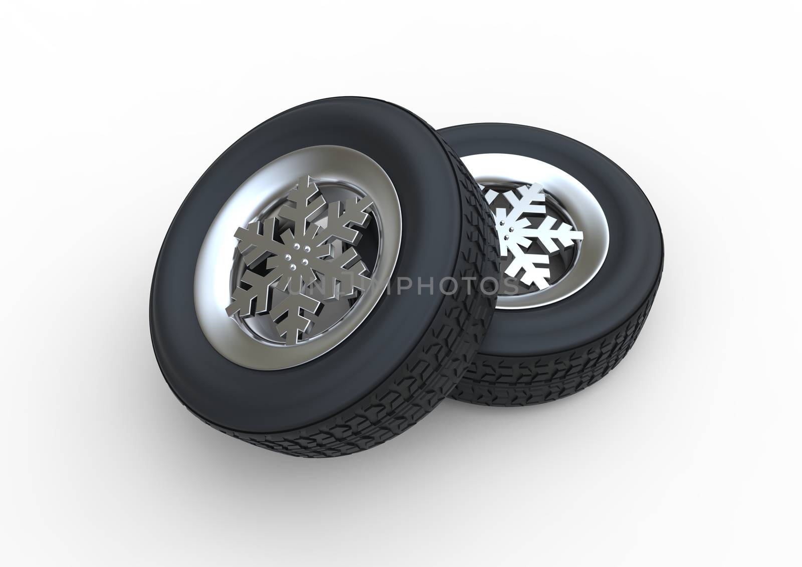 Set of winter tires with the rim of snowflake shape isolated on white background 3d illustration