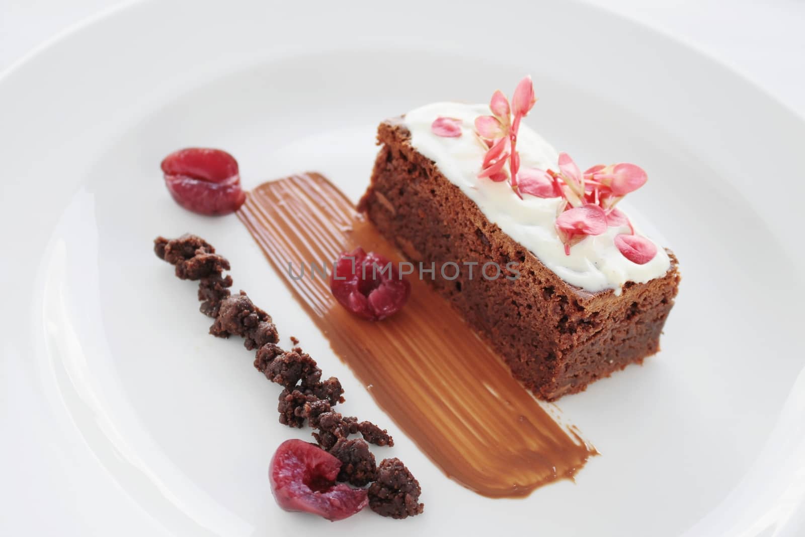 chocolate brownie plated dessert