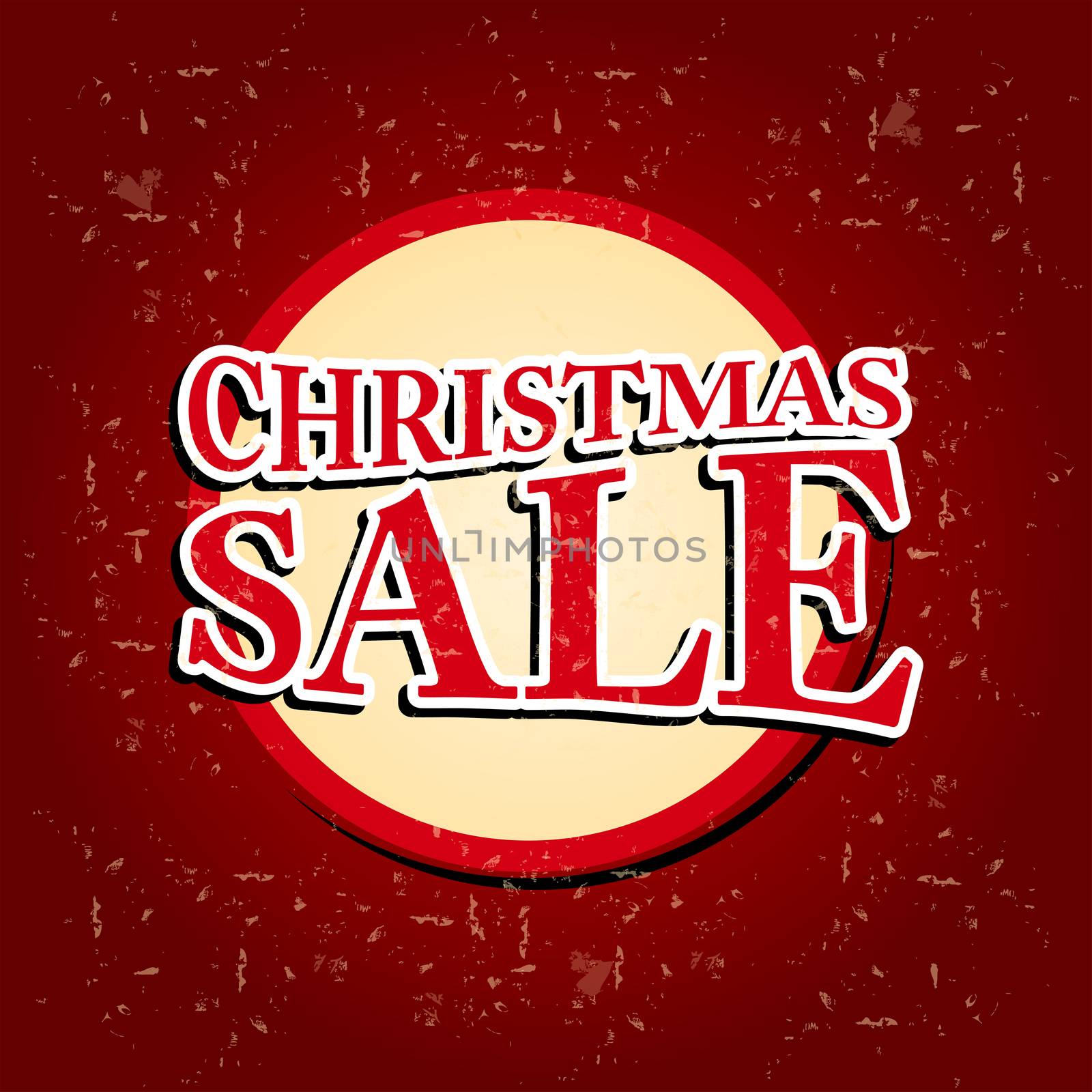 christmas sale - text on circular red banner over old paper background, business holiday concept
