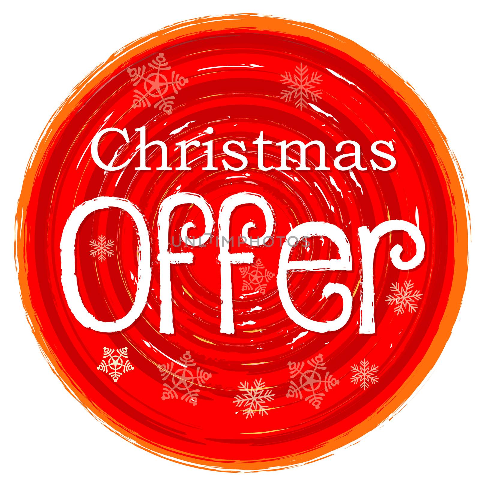 christmas offer - text and snowflakes in circular drawn red banner, business holiday concept