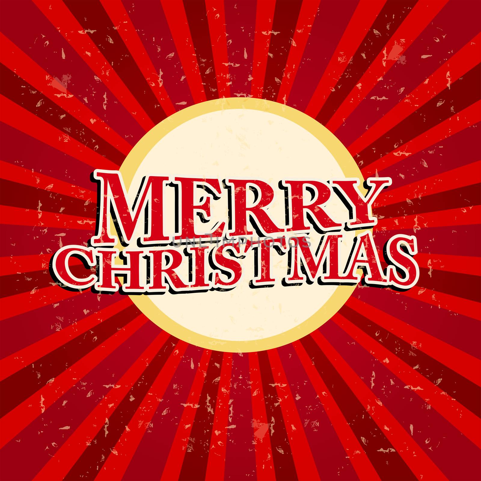 merry christmas - text in circle and retro red rays over old paper background, holiday seasonal concept