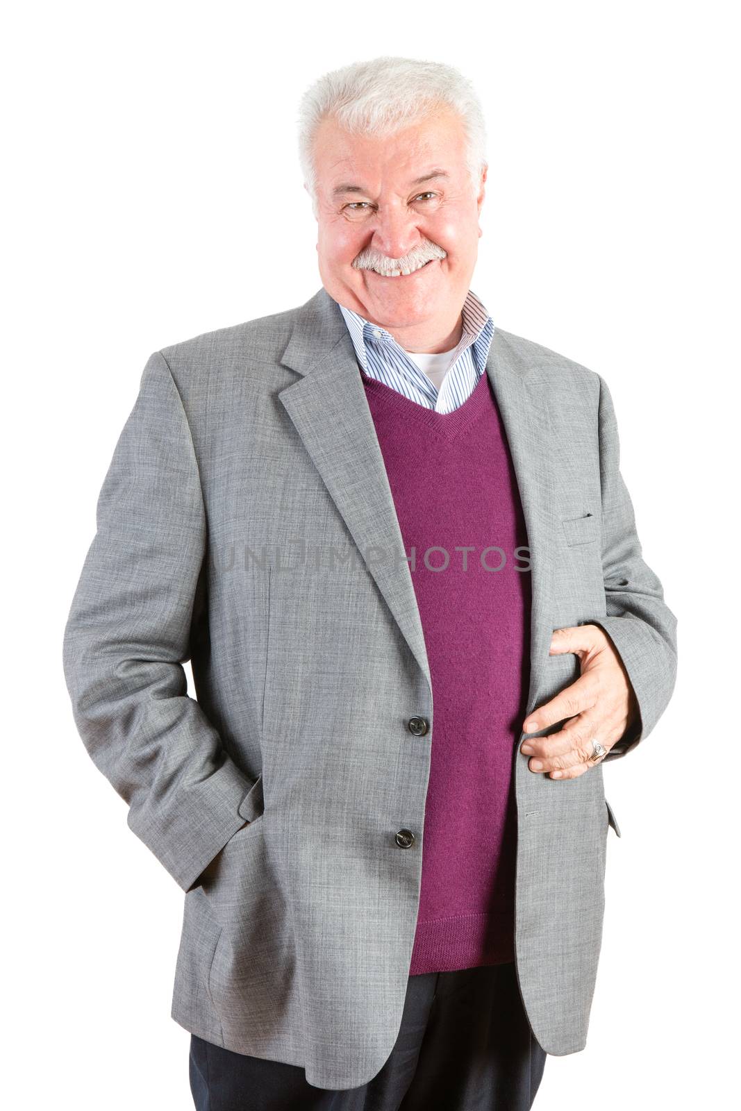 Front View Three Quarter Shot of a Cheerful Senior Businessman Having a Genuine Smile at the Camera Against White Background.
