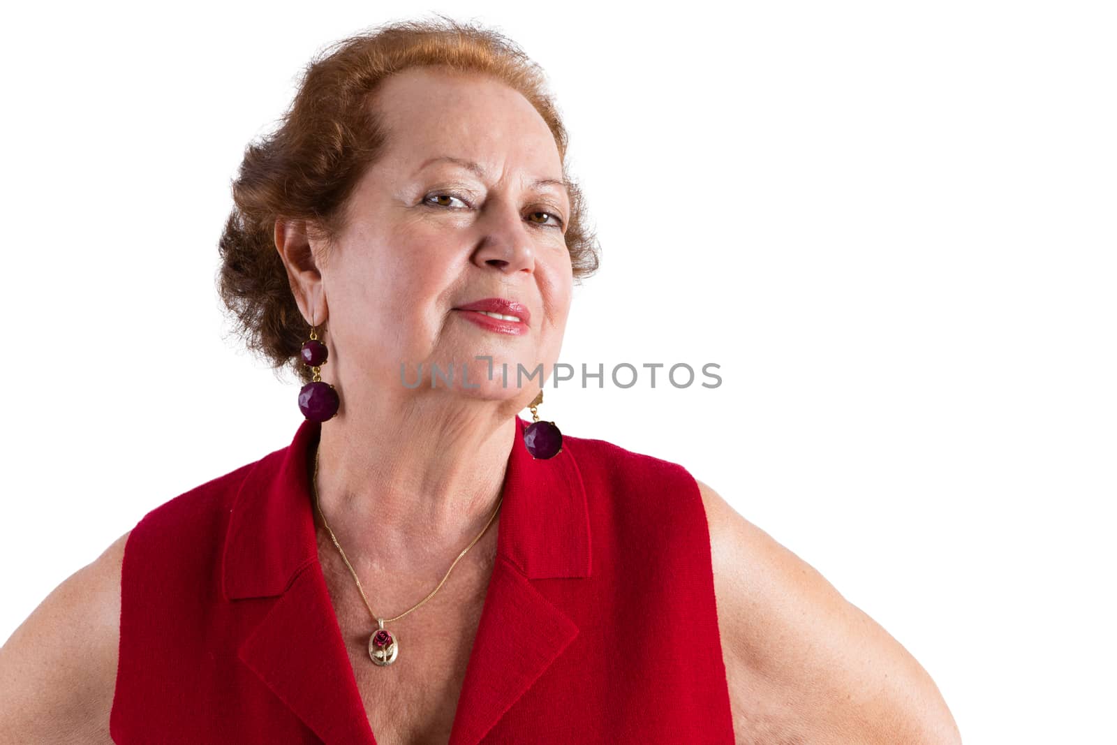 Close up Confident Senior Woman in Red, Smiles at the Camera, Isolated on White Background.