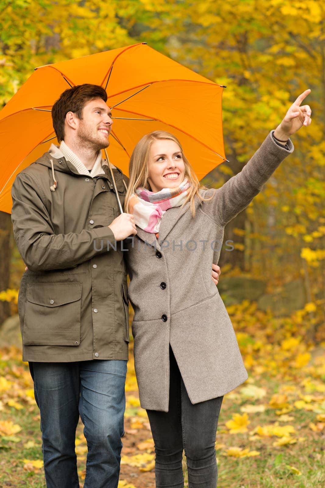 love, season, family, gesture and people concept - smiling couple with umbrella walking and pointing finger in autumn park