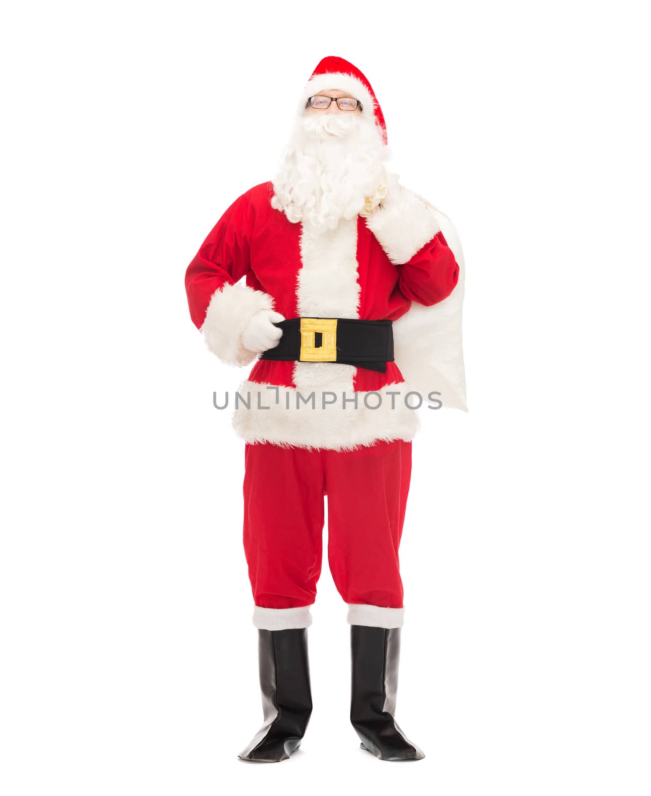 christmas, holidays and people concept - man in costume of santa claus with bag