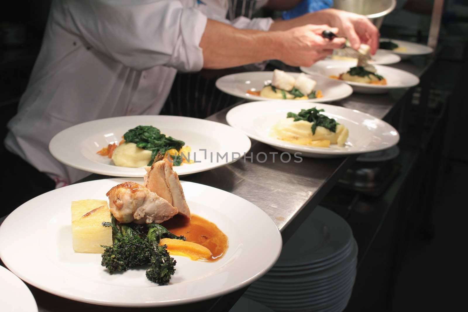 plated food in kitchen