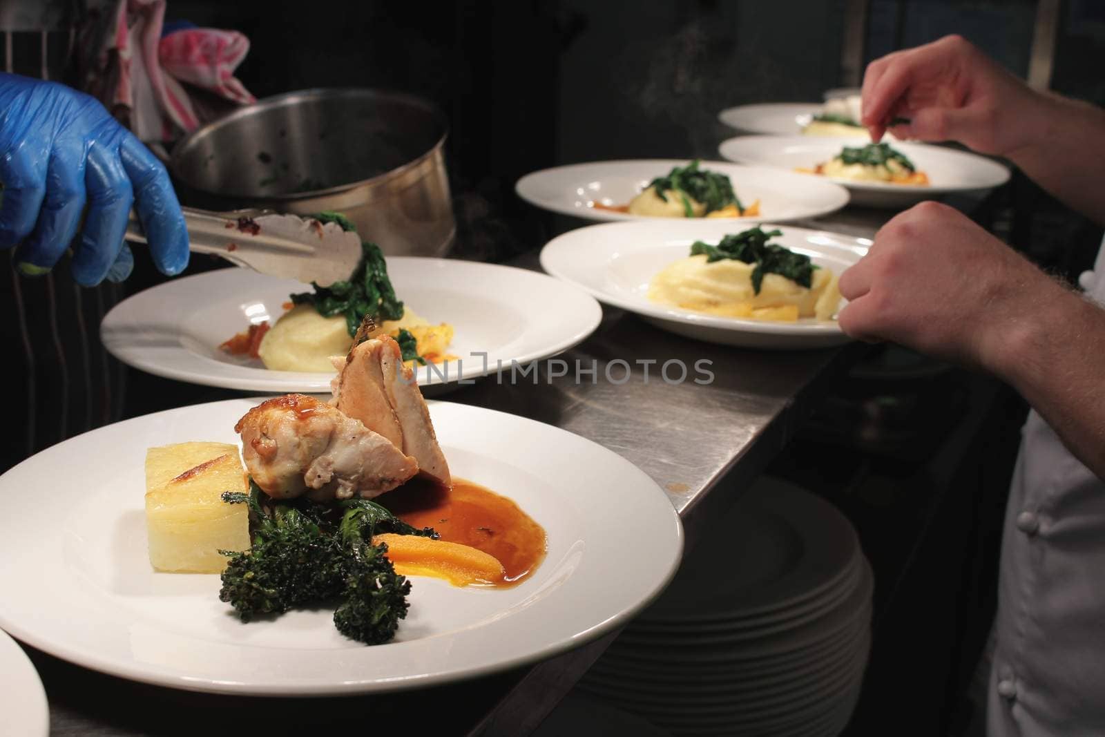 plated food in kitchen