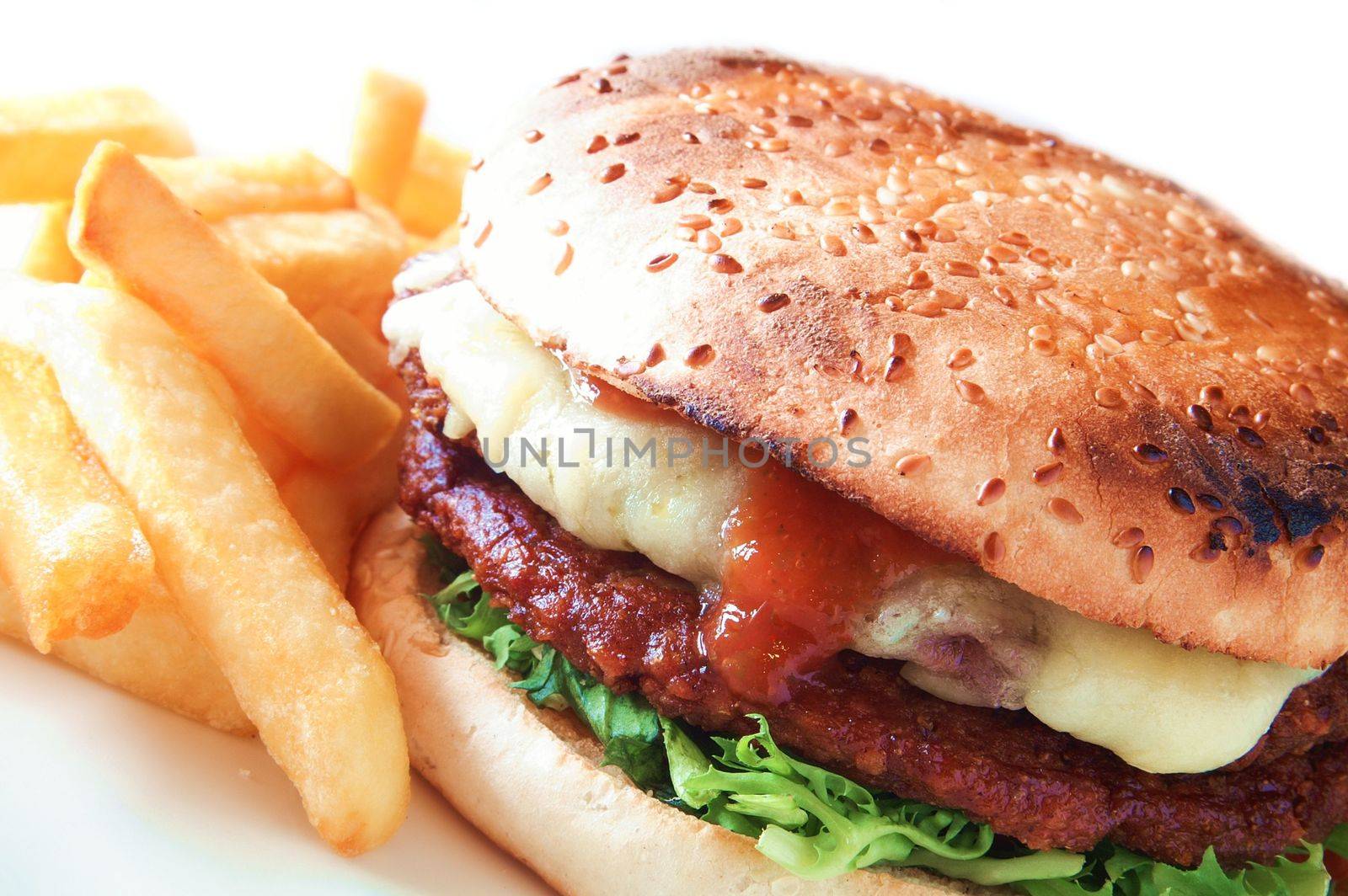 burger in bun with fries