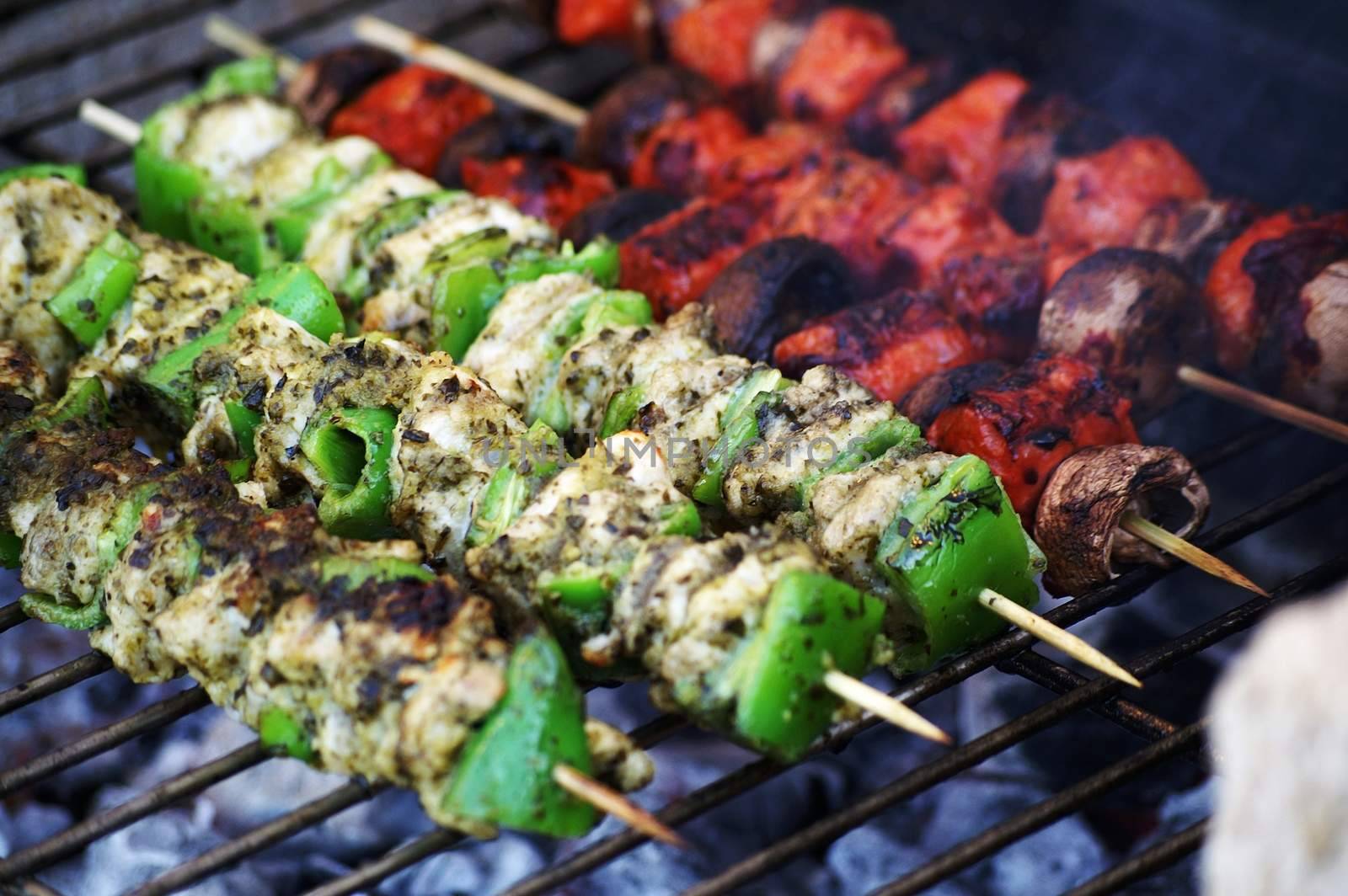 chicken pork meat kebabs on barbeque