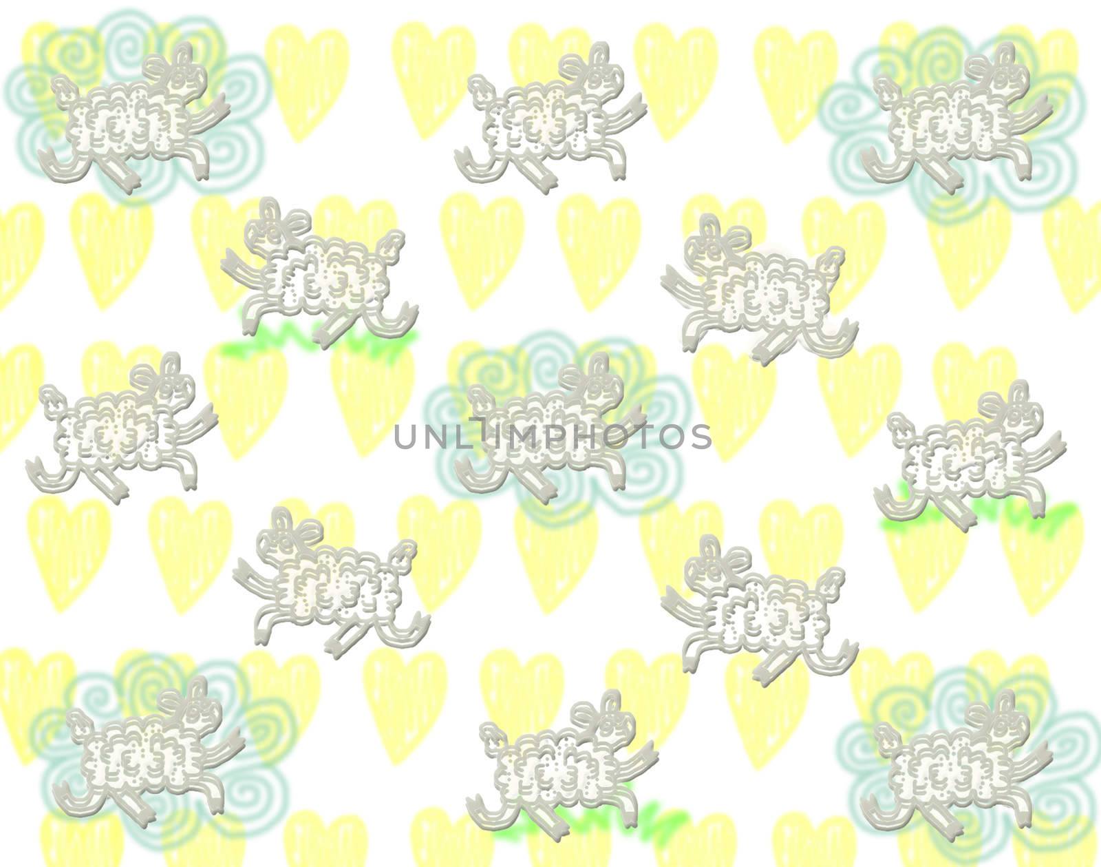 cute gray sheeps pattern with cloud and grass on yellow hearts background