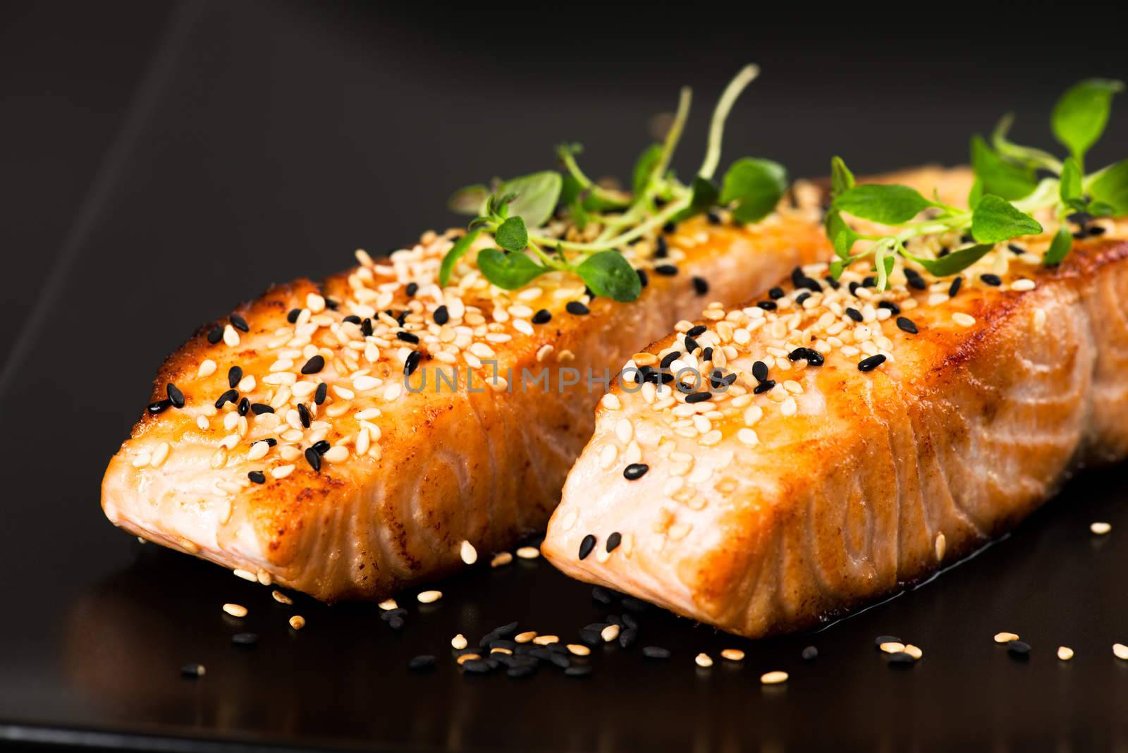 Fried salmon with sesame seeds and herbs by Nanisimova