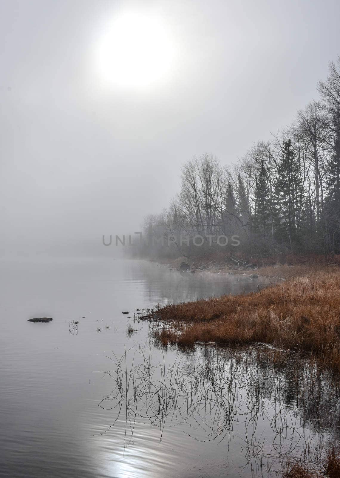 Rapidly changing thick fog envelopes the bay - obscured sunshine beaming through, bright diffusion, early sunrise Pembroke, Ontario.