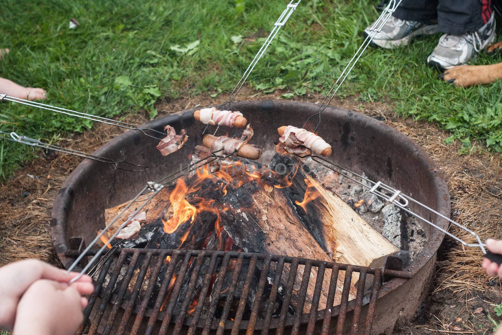 Roasting hot dogs and bacon over a fire