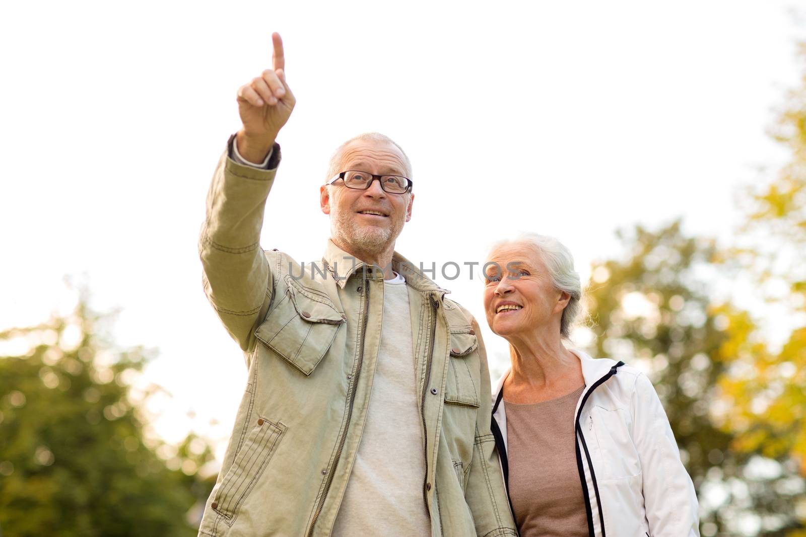 family, age, tourism, travel and people concept - senior couple pointing finger in park