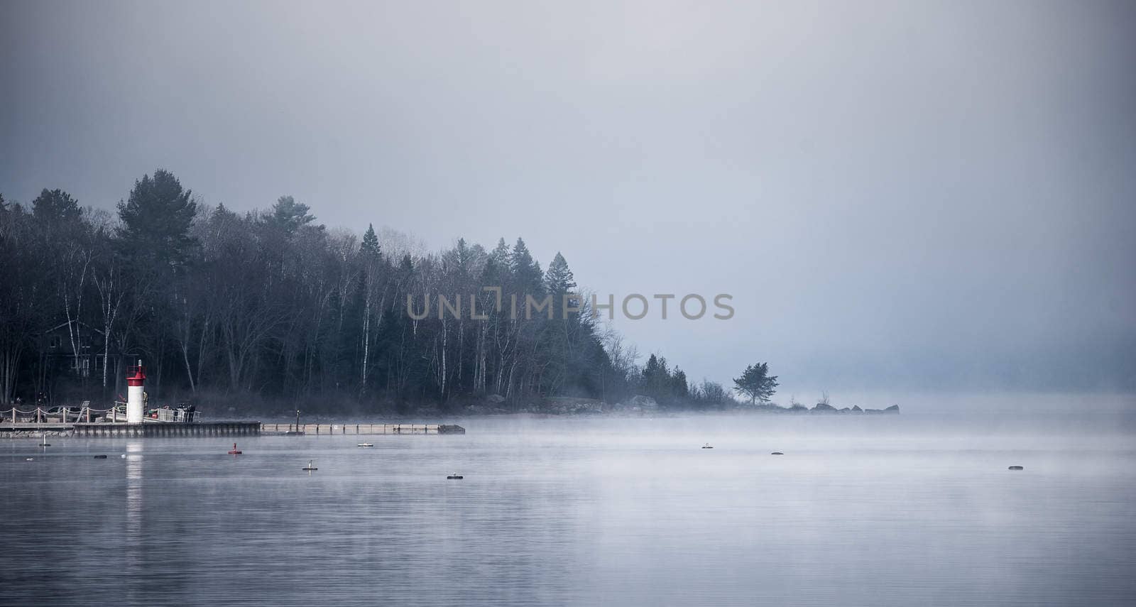 Heavy blanket of fog lifting off the Ottawa River revealing a small peninsular forest and lighthouse, Ontario Canada.