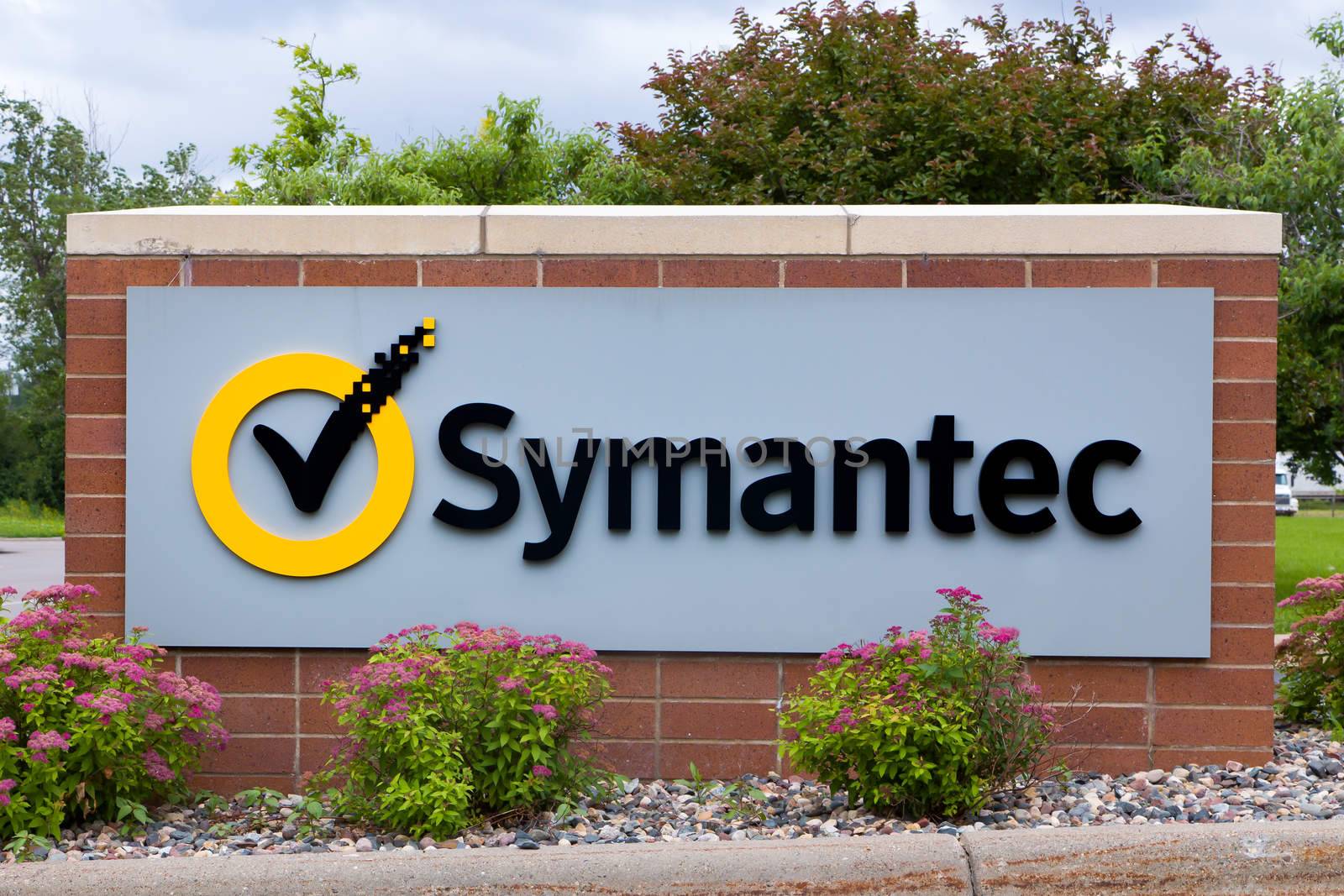 ROSEVILLE, MN/USA - JUNE 28, 2014: Symantec regional office sign. Symantec makes security, storage, backup and availability software and offers professional services to support its software.