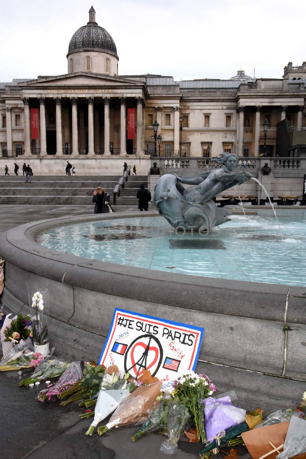 UNITED KINGDOM, London: Flowers and messages of support are left at Trafalgar Square in London in the wake of the Paris terror attacks, as captured on November 16, 2015. In addition to leaving tributes, people across the UK also paused on Monday afternoon to join France in observing a minute's silence on the country's third day of national mourning.