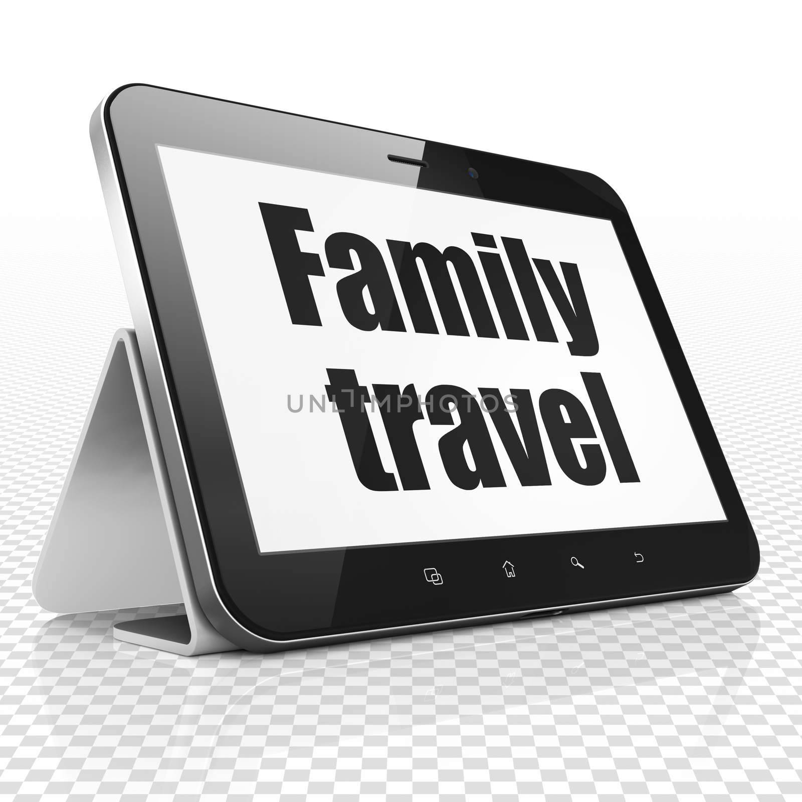 Tourism concept: Tablet Computer with Family Travel on display by maxkabakov