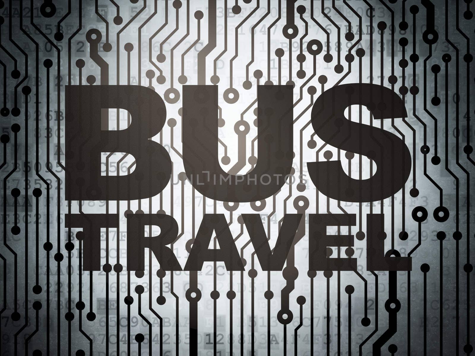 Vacation concept: circuit board with  word Bus Travel, 3d render
