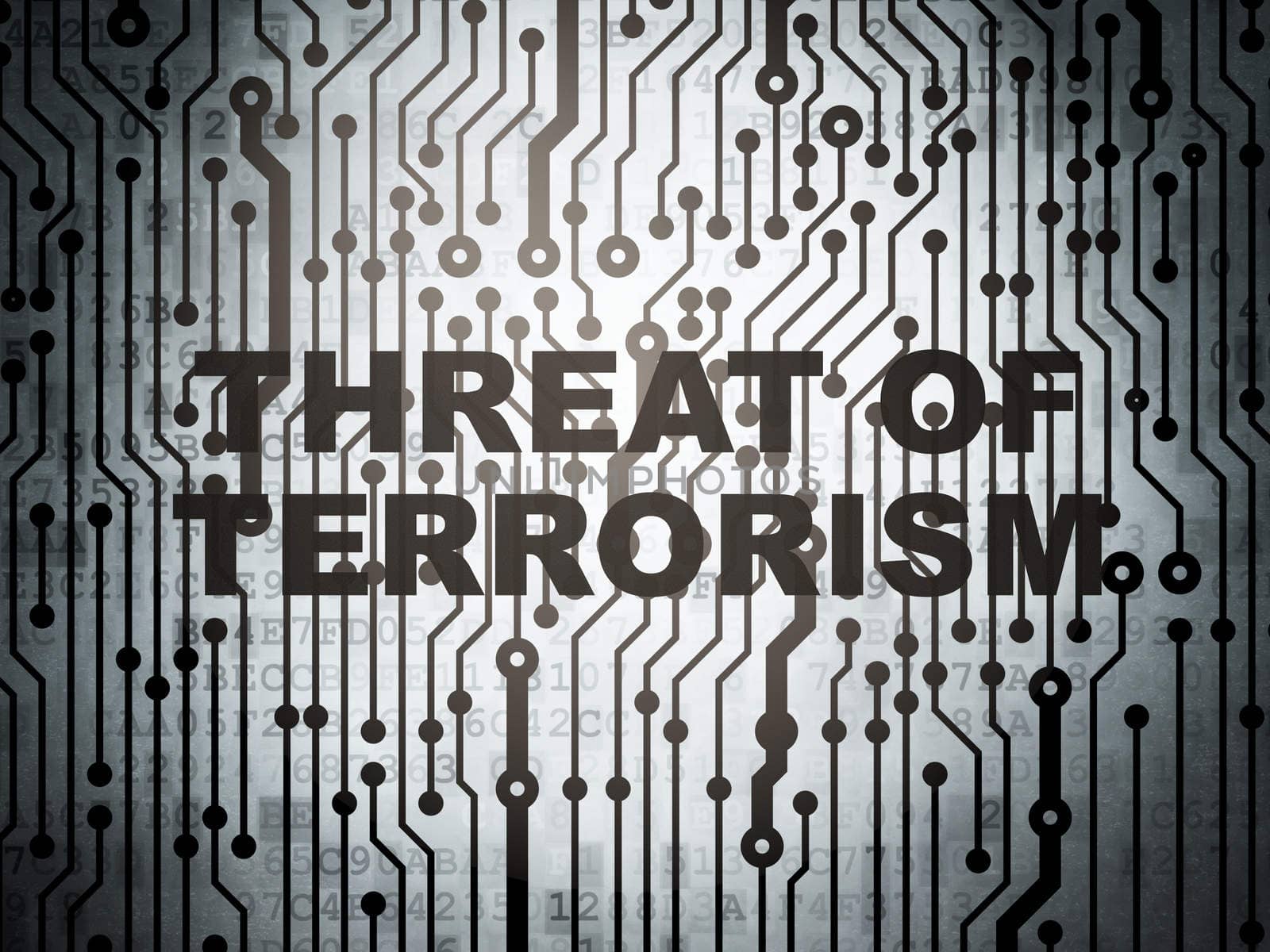 Politics concept: circuit board with  word Threat Of Terrorism, 3d render