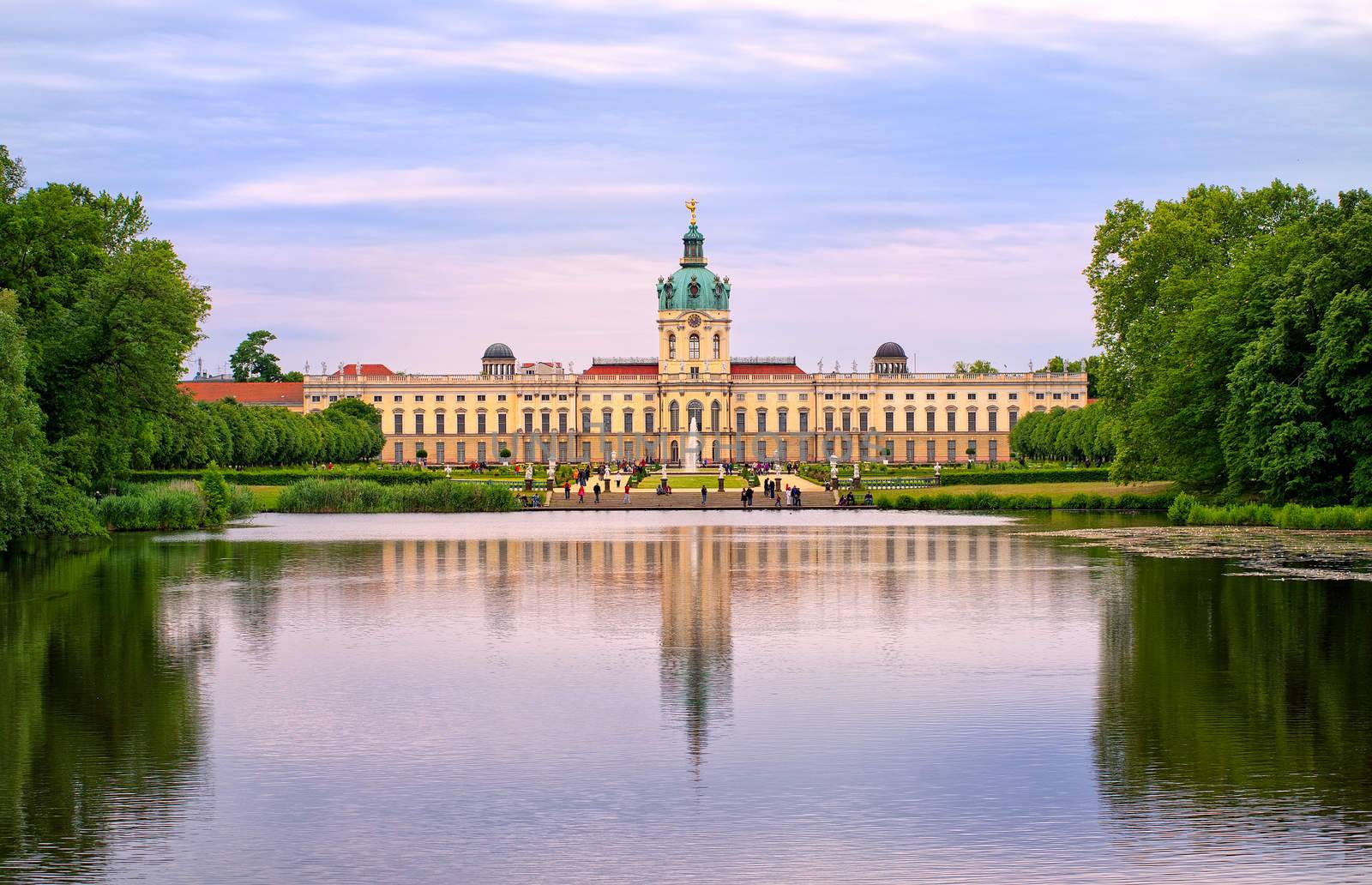 Charlottenburg royal palace in Berlin, Germany, view from lake to English garden
