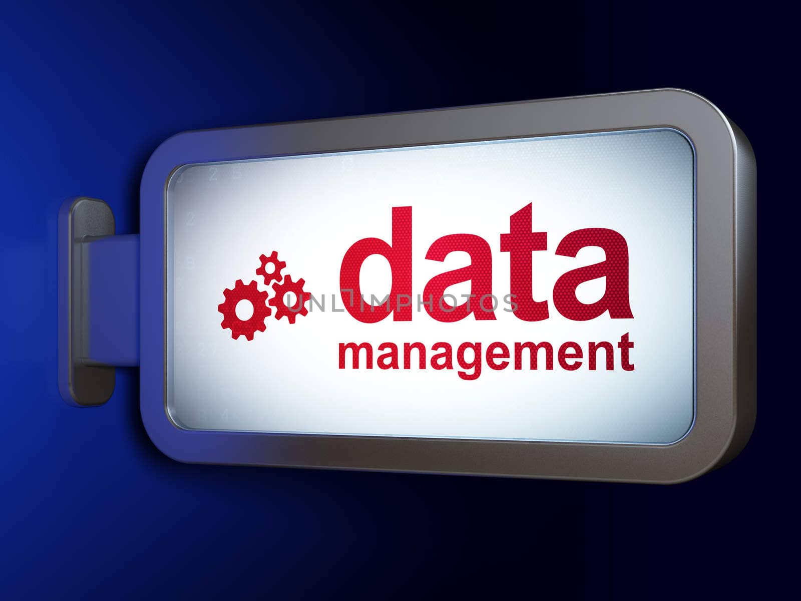 Data concept: Data Management and Gears on advertising billboard background, 3d render