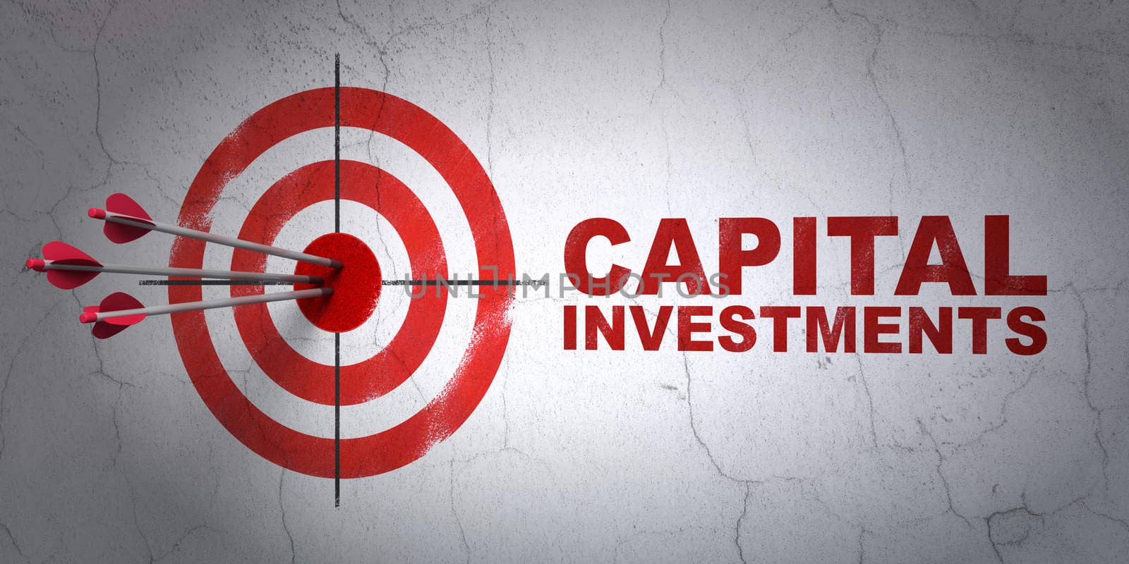 Success currency concept: arrows hitting the center of target, Red Capital Investments on wall background