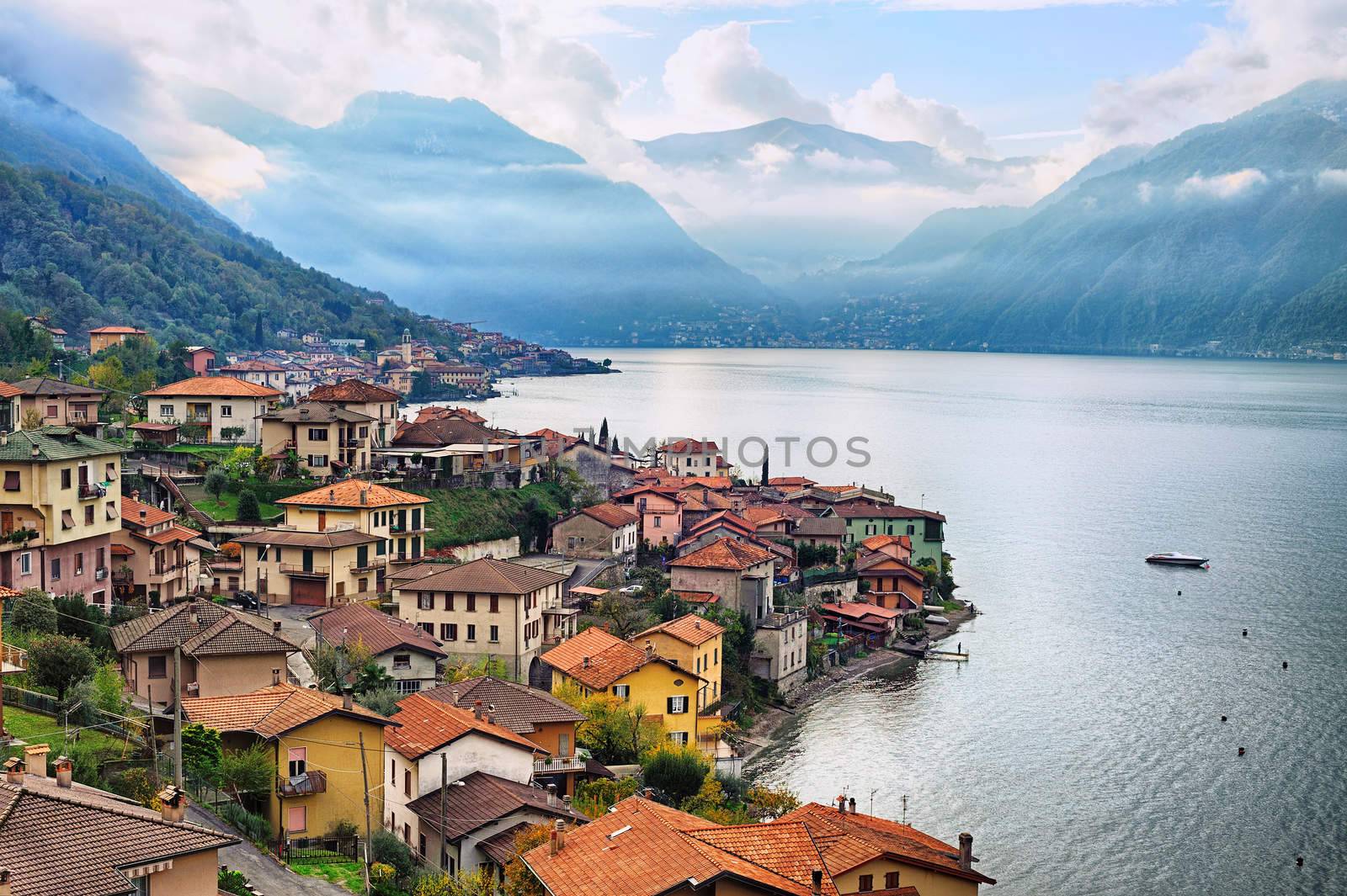 View of Como Lake, Milan, Italy, with Alps mountains in background