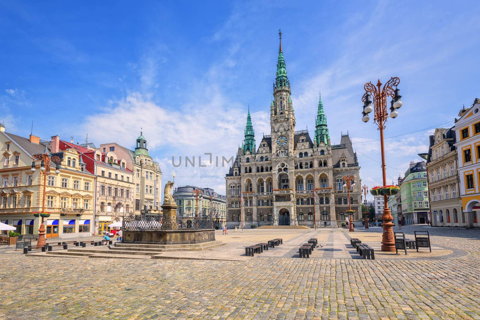 The town hall and the central square in Liberec, Czech Republic