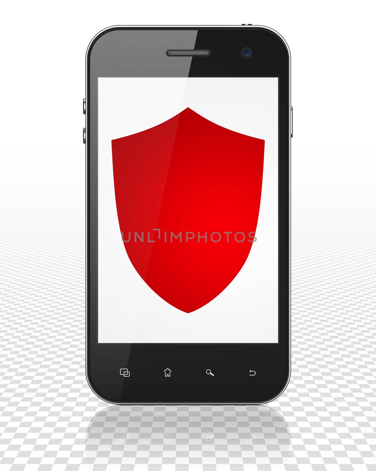 Protection concept: Smartphone with red Shield icon on display