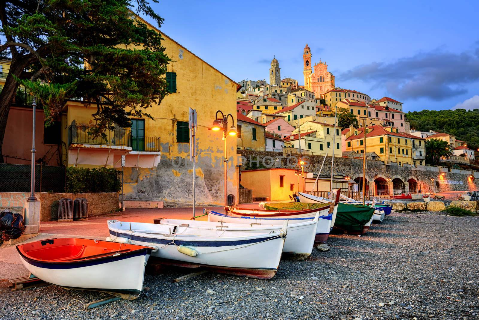 Fishing boats on a beach of medieval town Cervo on italian Riviera, Italy